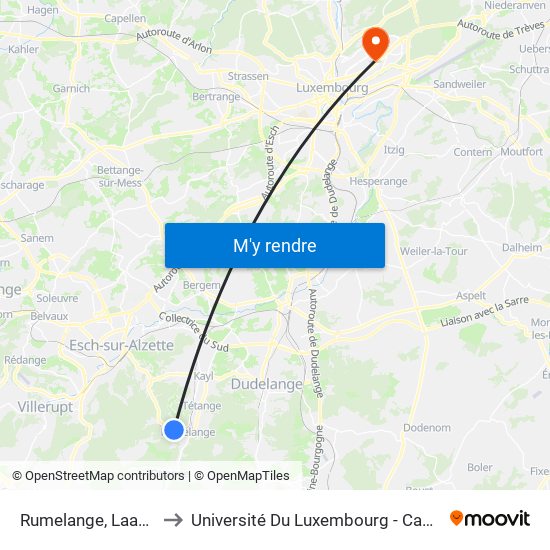 Rumelange, Laangegronn to Université Du Luxembourg - Campus Kirchberg map