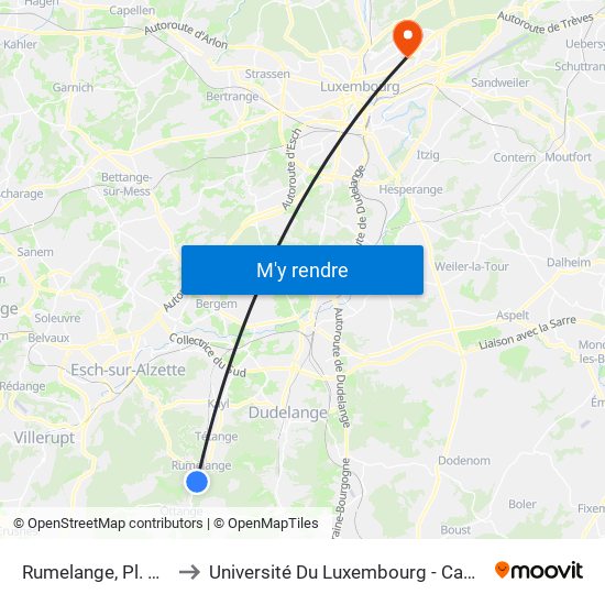 Rumelange, Pl. De France to Université Du Luxembourg - Campus Kirchberg map
