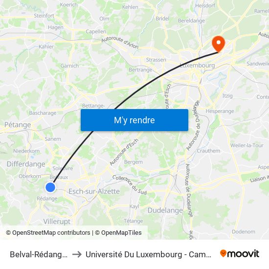 Belval-Rédange, Gare to Université Du Luxembourg - Campus Kirchberg map