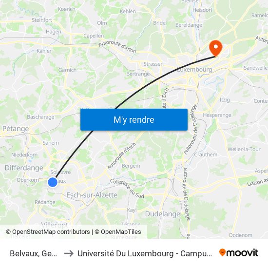 Belvaux, Gemeng to Université Du Luxembourg - Campus Kirchberg map