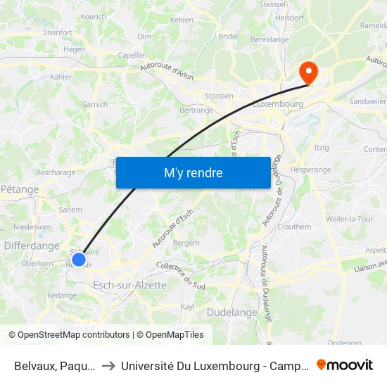 Belvaux, Paquebierg to Université Du Luxembourg - Campus Kirchberg map