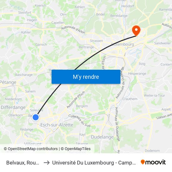 Belvaux, Roudewee to Université Du Luxembourg - Campus Kirchberg map