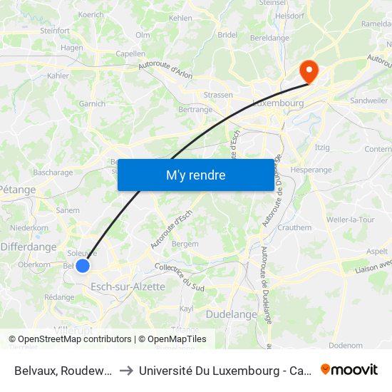 Belvaux, Roudewee Schoul to Université Du Luxembourg - Campus Kirchberg map