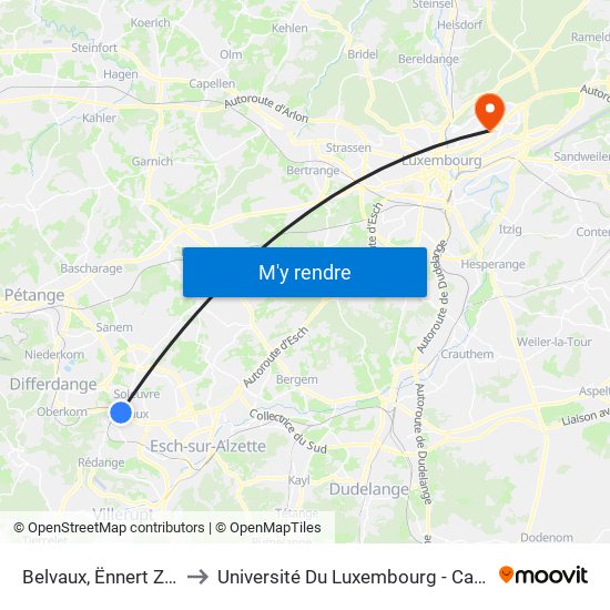 Belvaux, Ënnert Zolwerwee to Université Du Luxembourg - Campus Kirchberg map