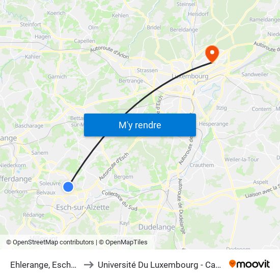 Ehlerange, Escherstrooss to Université Du Luxembourg - Campus Kirchberg map