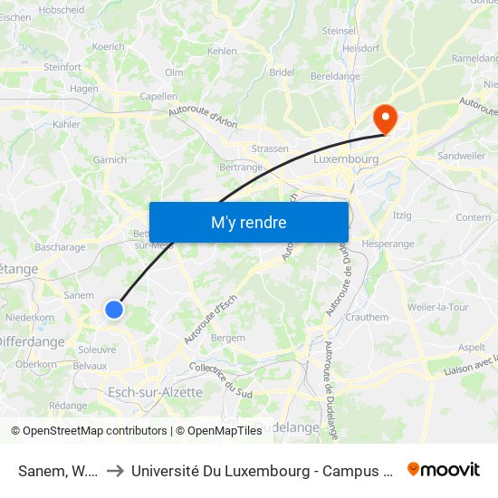 Sanem, W.S.A. to Université Du Luxembourg - Campus Kirchberg map