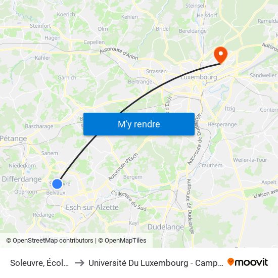 Soleuvre, École 2000 to Université Du Luxembourg - Campus Kirchberg map
