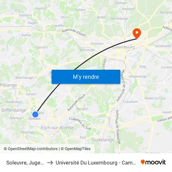 Soleuvre, Jugendhaus to Université Du Luxembourg - Campus Kirchberg map