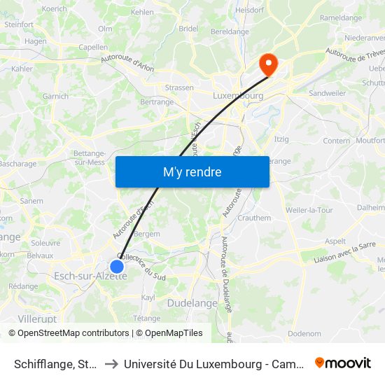 Schifflange, Stadhaus to Université Du Luxembourg - Campus Kirchberg map