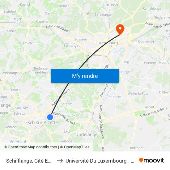 Schifflange, Cité Emile Mayrisch to Université Du Luxembourg - Campus Kirchberg map