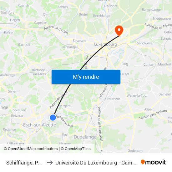 Schifflange, Paerchen to Université Du Luxembourg - Campus Kirchberg map