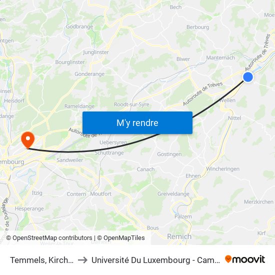 Temmels, Kirchstrasse to Université Du Luxembourg - Campus Kirchberg map