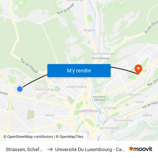 Strassen, Schafsstrachen to Université Du Luxembourg - Campus Kirchberg map