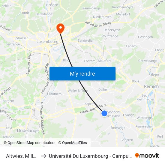 Altwies, Millbaach to Université Du Luxembourg - Campus Kirchberg map