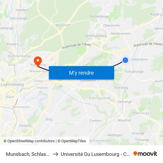 Munsbach, Schlass Minsbech to Université Du Luxembourg - Campus Kirchberg map