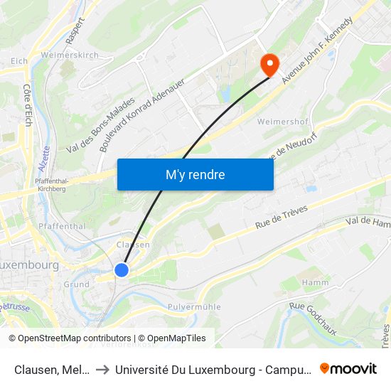 Clausen, Melusina to Université Du Luxembourg - Campus Kirchberg map