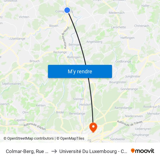 Colmar-Berg, Rue De L'Alzette to Université Du Luxembourg - Campus Kirchberg map