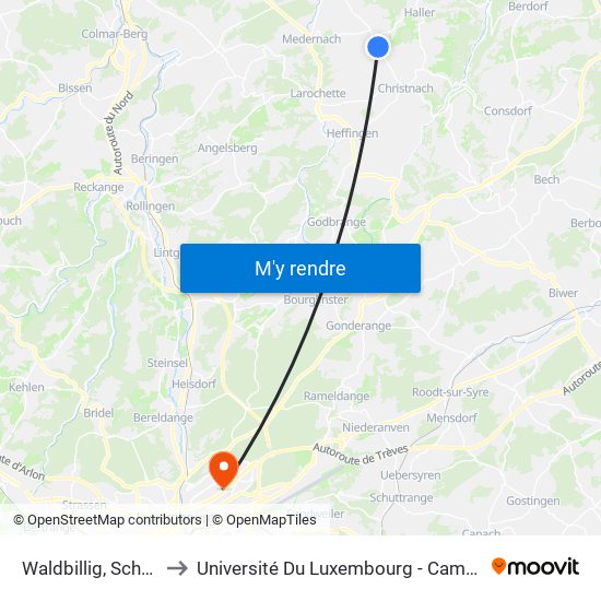 Waldbillig, Scheedhaff to Université Du Luxembourg - Campus Kirchberg map