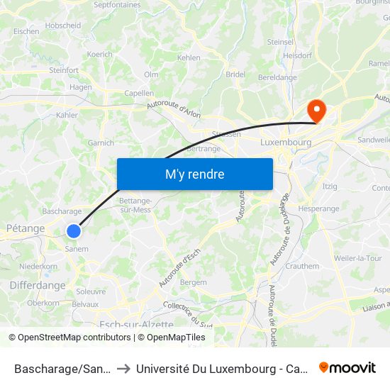 Bascharage/Sanem, Gare to Université Du Luxembourg - Campus Kirchberg map