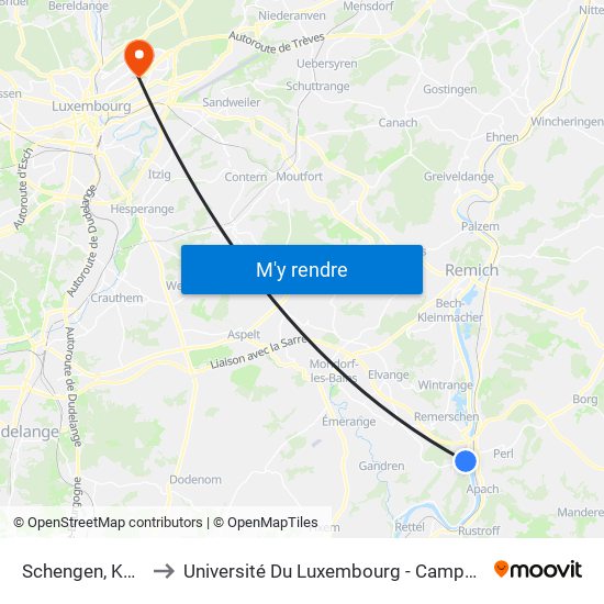 Schengen, Koerech to Université Du Luxembourg - Campus Kirchberg map