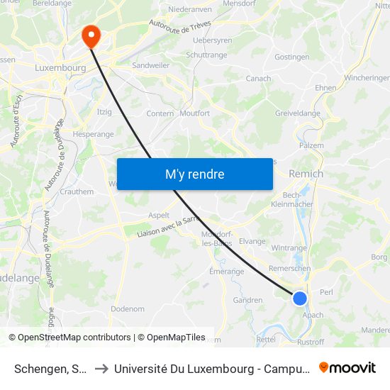 Schengen, Schoul to Université Du Luxembourg - Campus Kirchberg map