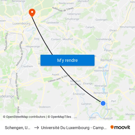 Schengen, Um Haff to Université Du Luxembourg - Campus Kirchberg map