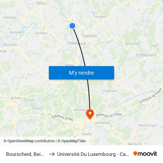 Bourscheid, Beim Schlass to Université Du Luxembourg - Campus Kirchberg map