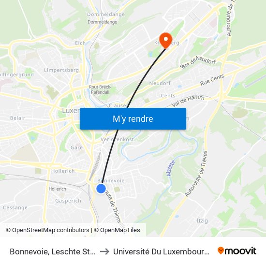 Bonnevoie, Leschte Steiwer / Dernier Sol to Université Du Luxembourg - Campus Kirchberg map