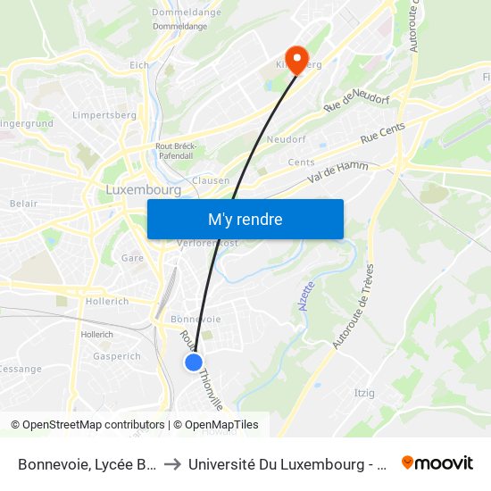 Bonnevoie, Lycée Bouneweg Pe to Université Du Luxembourg - Campus Kirchberg map
