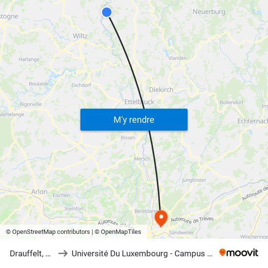Drauffelt, Gare to Université Du Luxembourg - Campus Kirchberg map