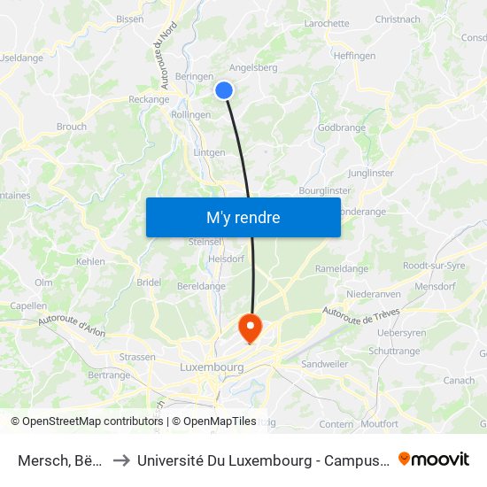 Mersch, Bënzert to Université Du Luxembourg - Campus Kirchberg map
