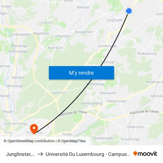 Junglinster, P+R to Université Du Luxembourg - Campus Kirchberg map