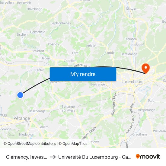 Clemency, Ieweschtgaass to Université Du Luxembourg - Campus Kirchberg map