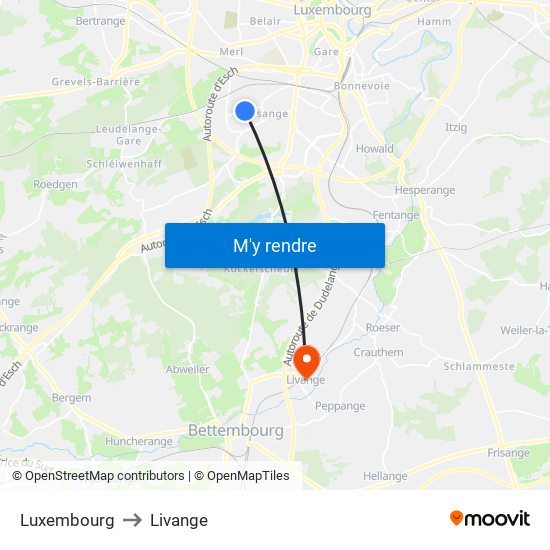 Luxembourg to Livange map