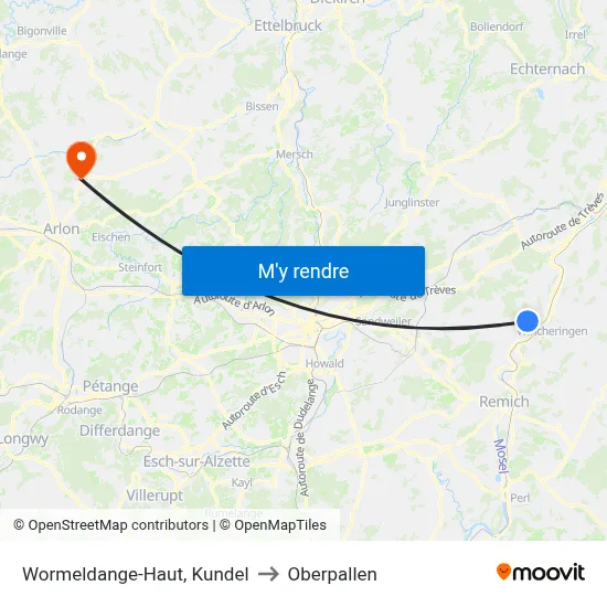 Wormeldange-Haut, Kundel to Oberpallen map