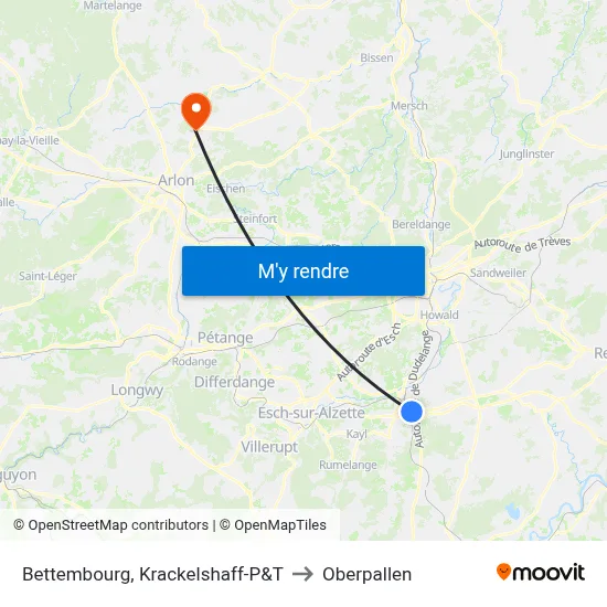 Bettembourg, Krackelshaff-P&T to Oberpallen map