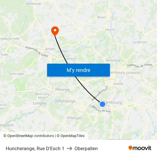Huncherange, Rue D'Esch 1 to Oberpallen map