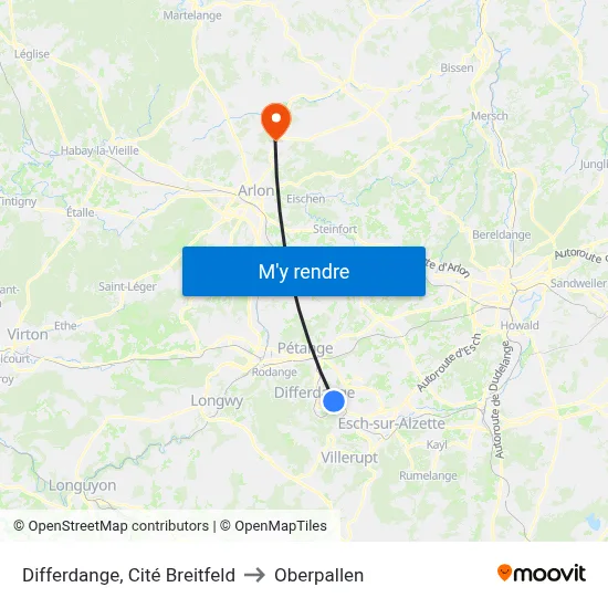 Differdange, Cité Breitfeld to Oberpallen map