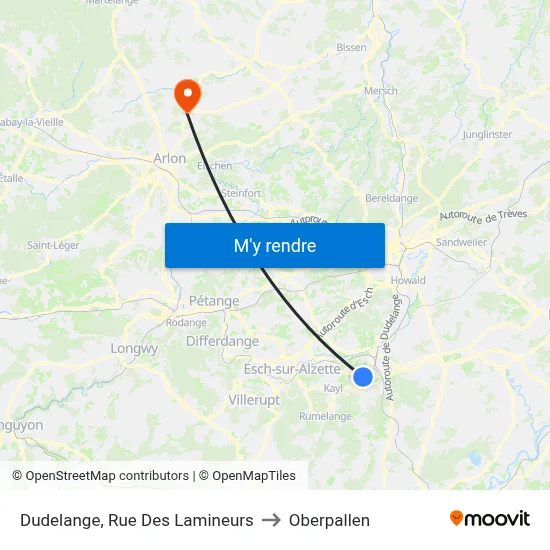 Dudelange, Rue Des Lamineurs to Oberpallen map