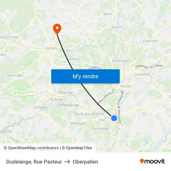Dudelange, Rue Pasteur to Oberpallen map