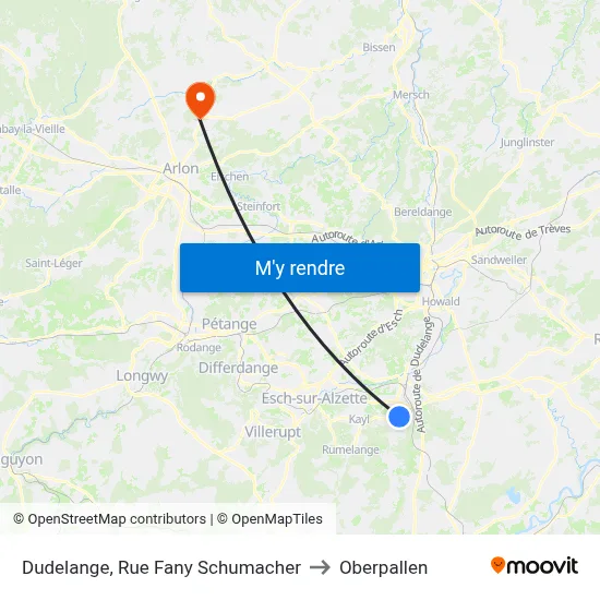 Dudelange, Rue Fany Schumacher to Oberpallen map