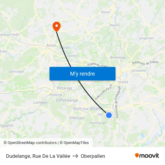 Dudelange, Rue De La Vallée to Oberpallen map
