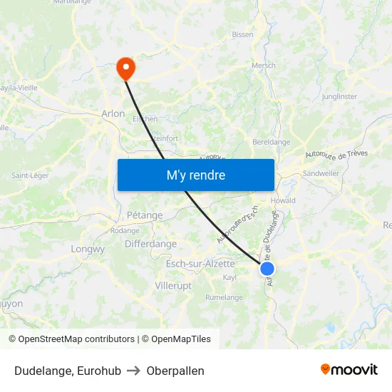 Dudelange, Eurohub to Oberpallen map