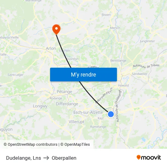 Dudelange, Lns to Oberpallen map