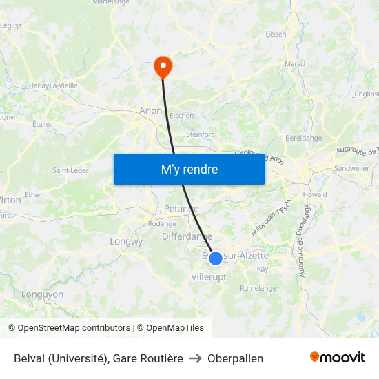Belval (Université), Gare Routière to Oberpallen map