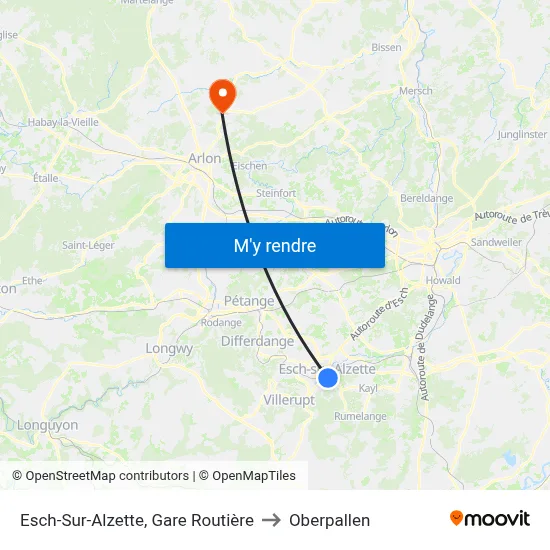 Esch-Sur-Alzette, Gare Routière to Oberpallen map