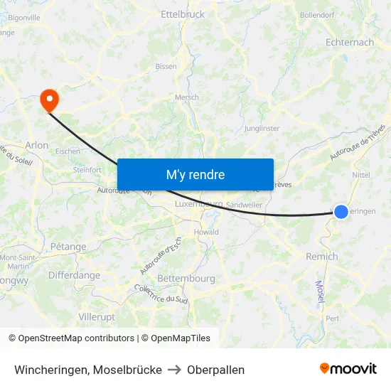 Wincheringen, Moselbrücke to Oberpallen map