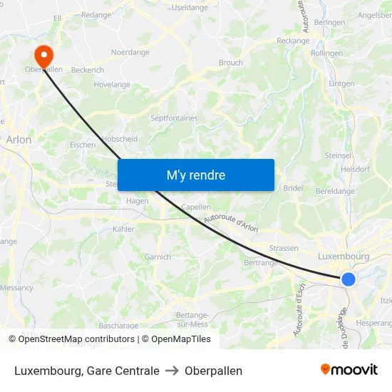 Luxembourg, Gare Centrale to Oberpallen map