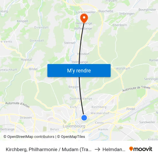 Kirchberg, Philharmonie / Mudam (Tram) to Helmdange map