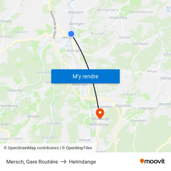 Mersch, Gare Routière to Helmdange map